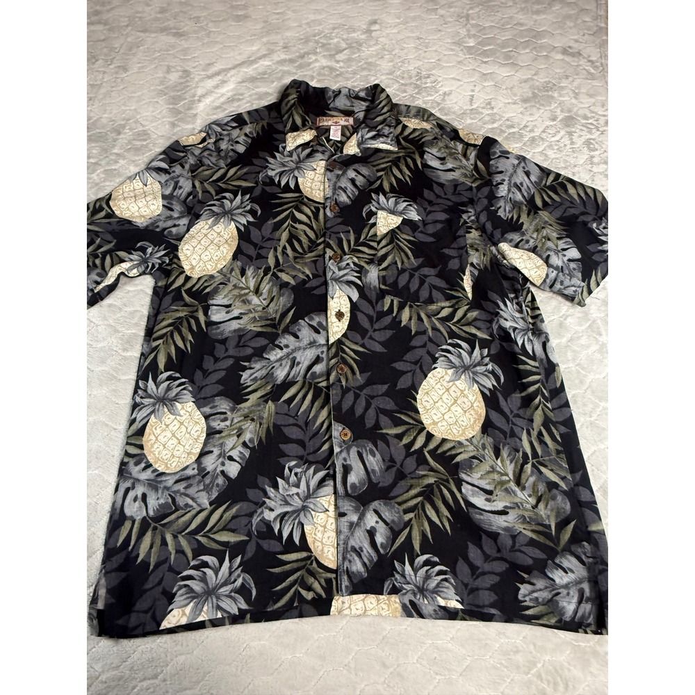 Caribbean Joe Mens XL Black Pineapple Tropical Print Rayon Camp Shirt Button Up